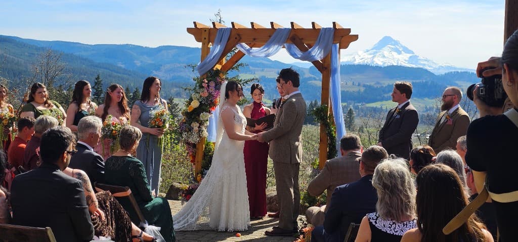Outdoor wedding ceremony with Mt. Hood in the background