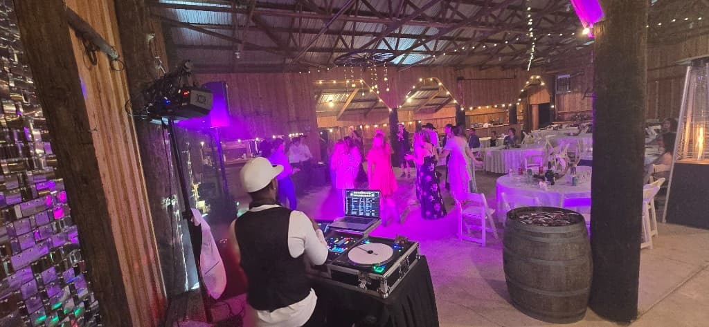 DJ187 managing a wedding reception with purple uplighting and guests dancing